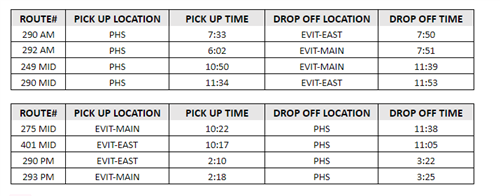 EVIT Transportation Schedule